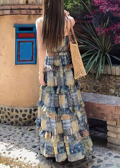 Plaid Print Ruffled Patchwork Cotton Spaghetti Strap Dress Sleeveless