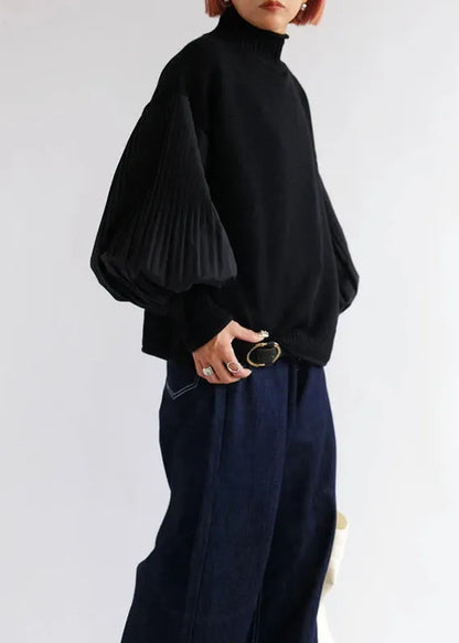 Army Green Hign Neck Wrinkled Patchwork Knitted Tops Lantern Sleeve