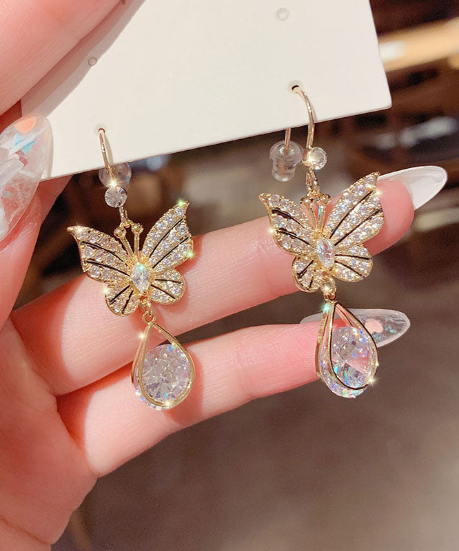 Gold Alloy Zircon Crystal Butterfly Water Drop Drop Earrings