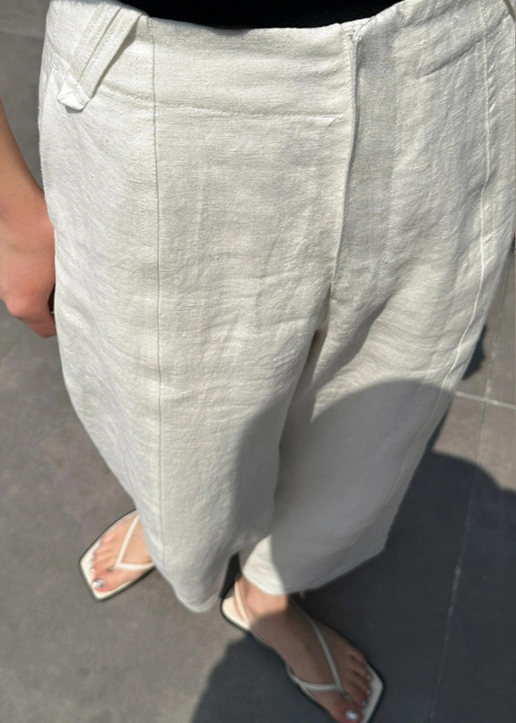 White Patchwork Pockets High Waist Linen Crop Pants Summer