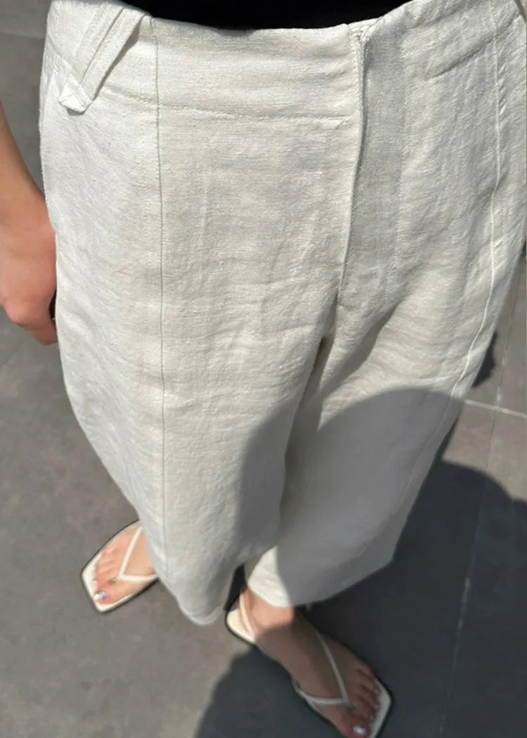 White Patchwork Pockets High Waist Linen Crop Pants Summer