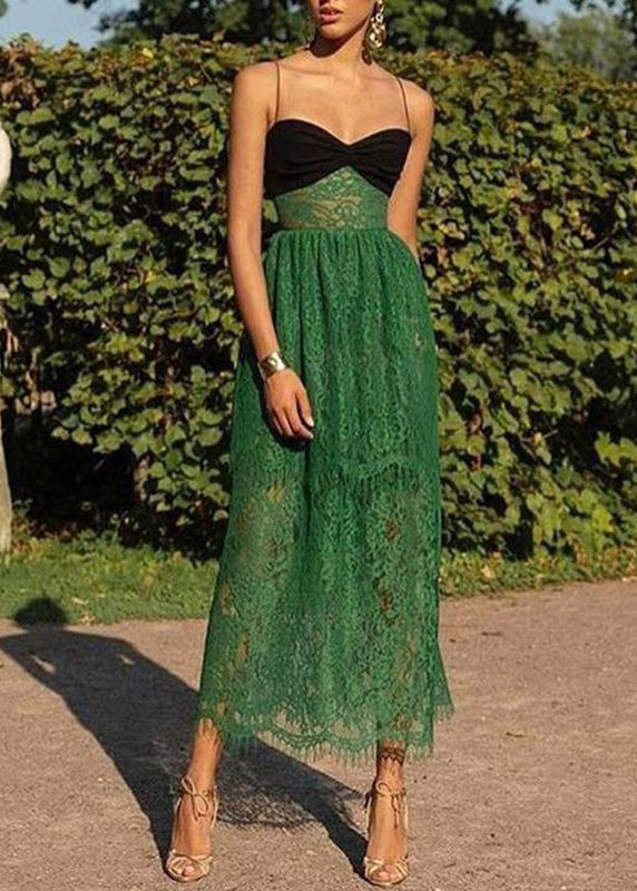 Green Cold Shoulder Patchwork Lace Spaghetti Strap Dress Sleeveless