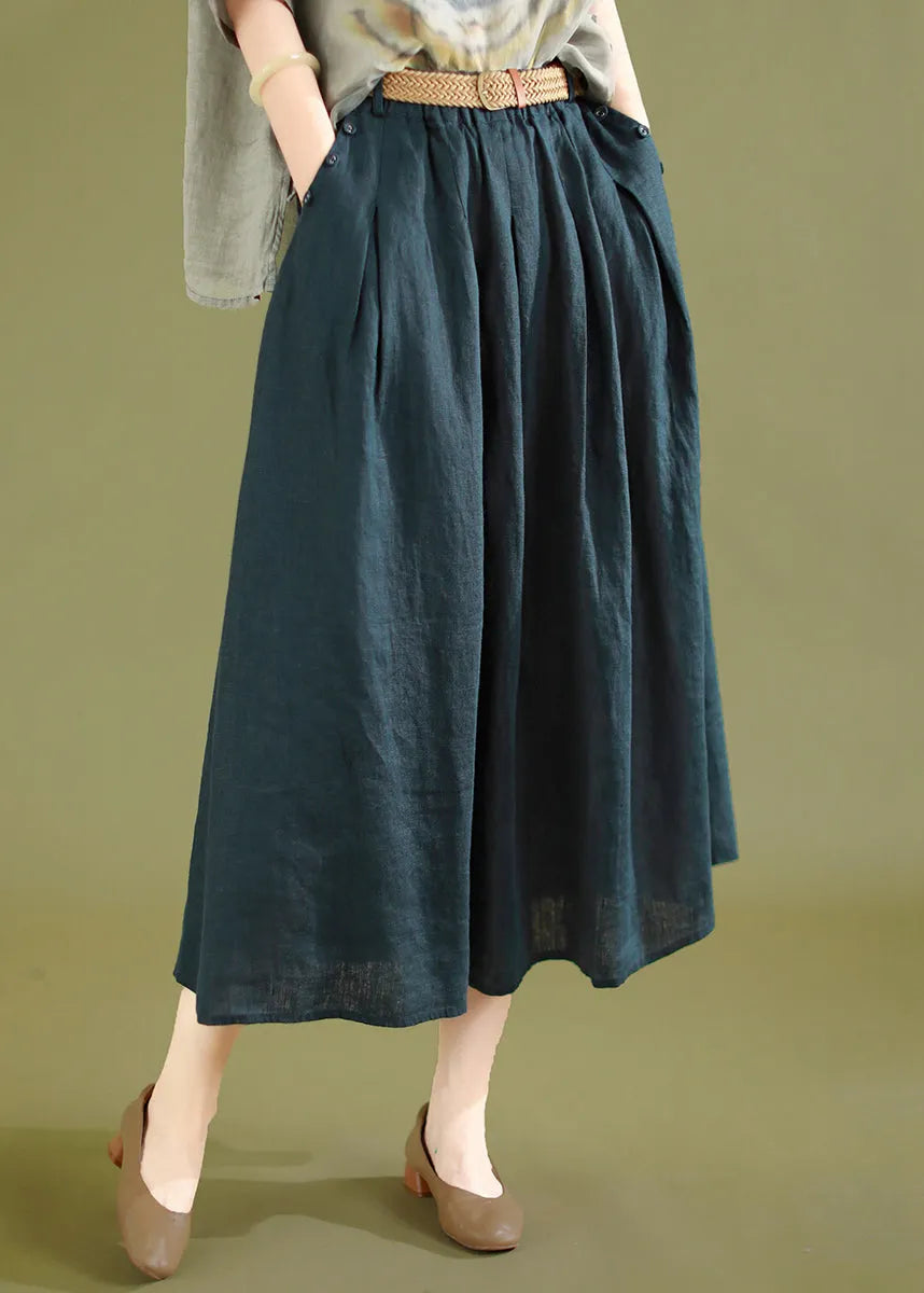 Navy Wrinkled Linen Skirts Elastic Waist Summer