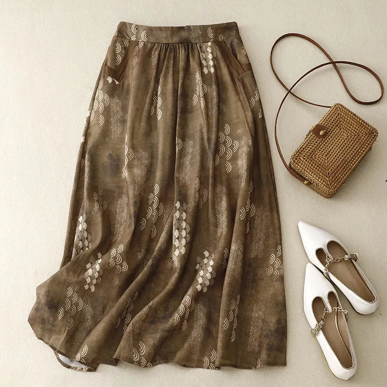 French Navy Print Pockets Elastic Waist Cotton Skirt Summer