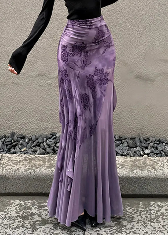 Purple Print Patchwork Tulle Wraped Skirts Spring