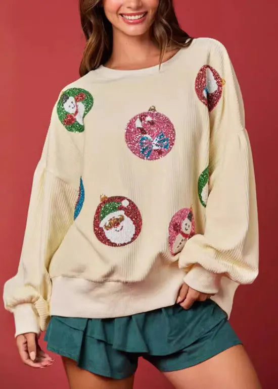 Apricot O Neck Sequins Corduroy Sweatshirts Winter