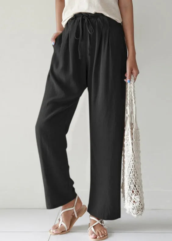 Blue Pockets Lace Up Cotton Pants Summer