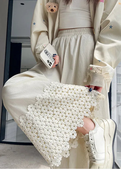 White Embroidered Patchwork Cotton Pants Fall