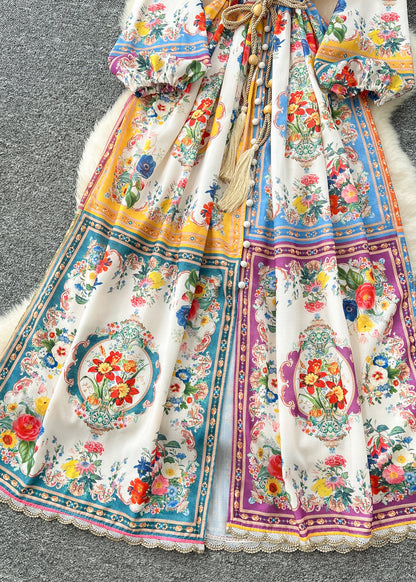 French V Neck Tie Waist Print Chiffon Party Dress Spring
