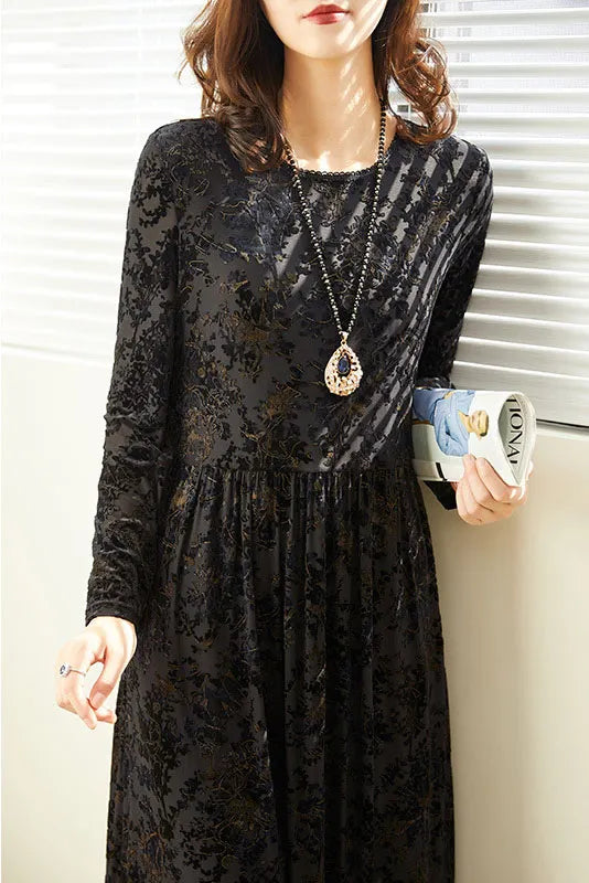 -gold Velvet Jacquard Knit Dress