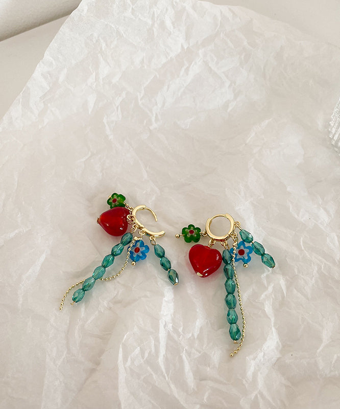 Green Overgild Crystal Glass Tassel Love Drop Earrings