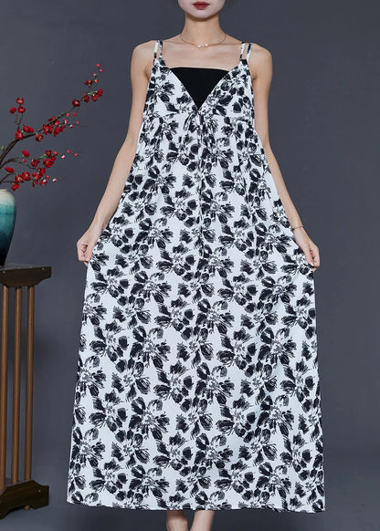 White Print Chiffon Spaghetti Strap Dress Exra Large Hem Summer