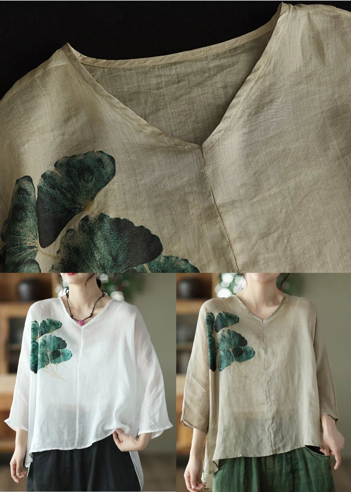 White V Neck Print Linen Shirt Top Batwing Sleeve