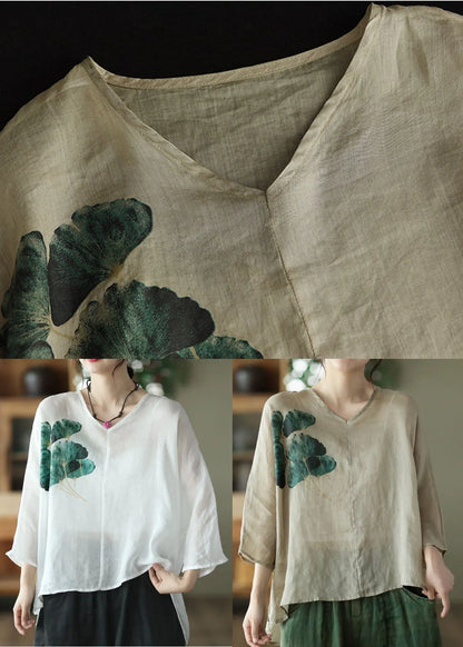 White V Neck Print Linen Shirt Top Batwing Sleeve