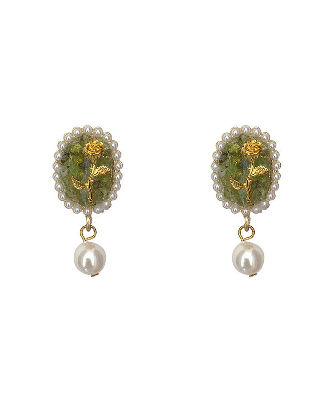 Green Sterling Silver Rose Pearl Drop Earrings