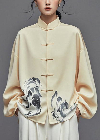 New Yellow Button Print Silk Cotton Shirt Fall