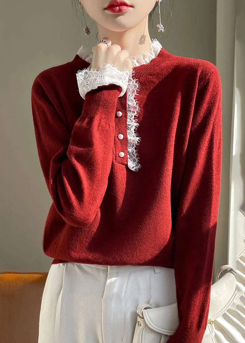 Red Lace Patchwork Wool Knit Sweaters Fall