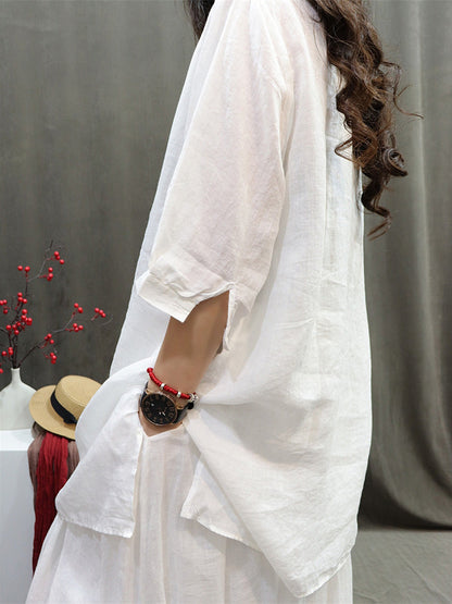 Summer Retro Embroidery O-neck Ramie Shirt