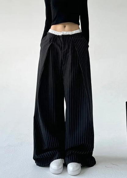 Handmade Grey Striped High Waist Straight Pants Spring
