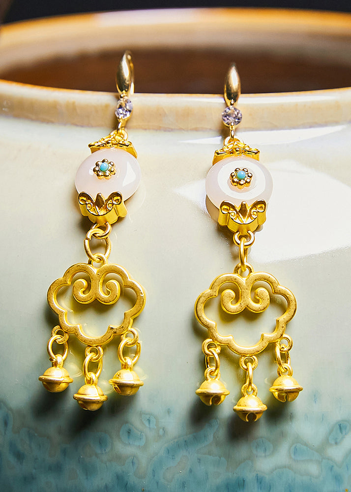 Fine White Jade Auspicious Clouds Small Bell 14k Gold Drop Earrings