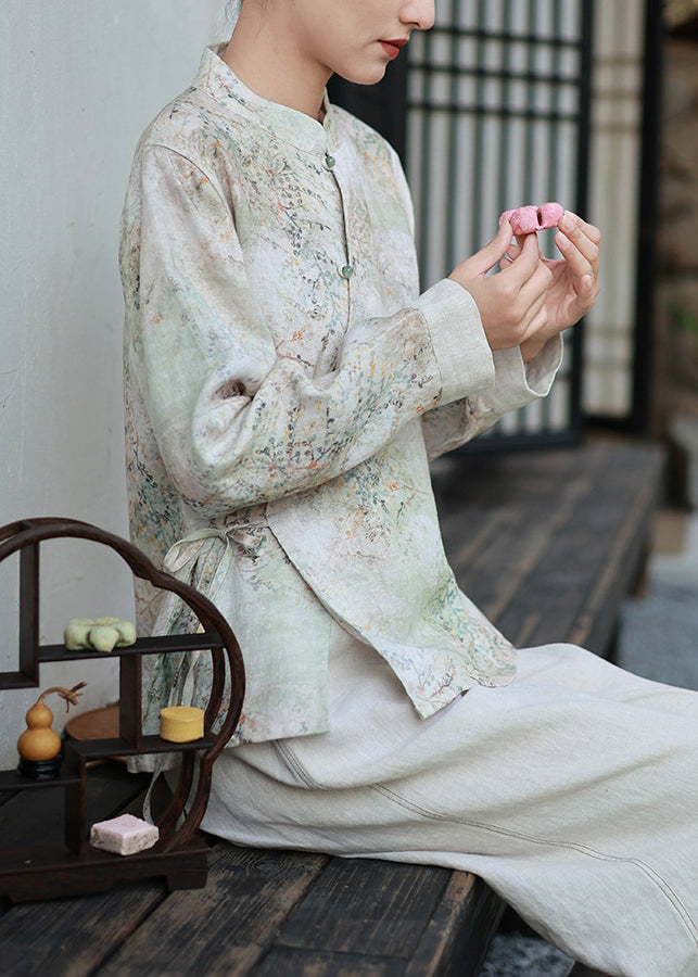 New Chinese Style Printed Linen Top Lace Up Spring