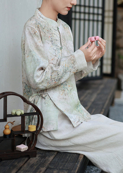 New Chinese Style Printed Linen Top Lace Up Spring