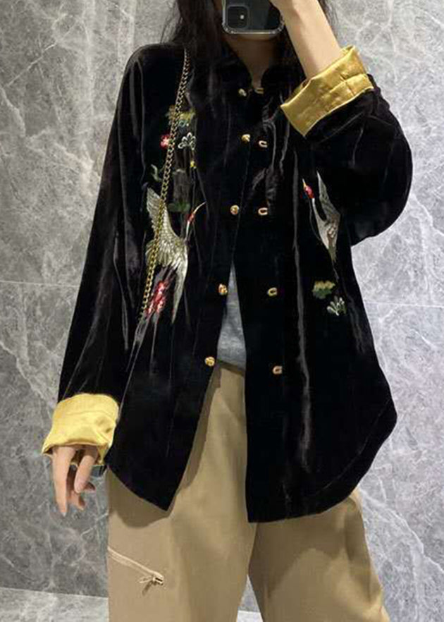 Black Mandarin Collar Embroideried Velour Coats Long Sleeve