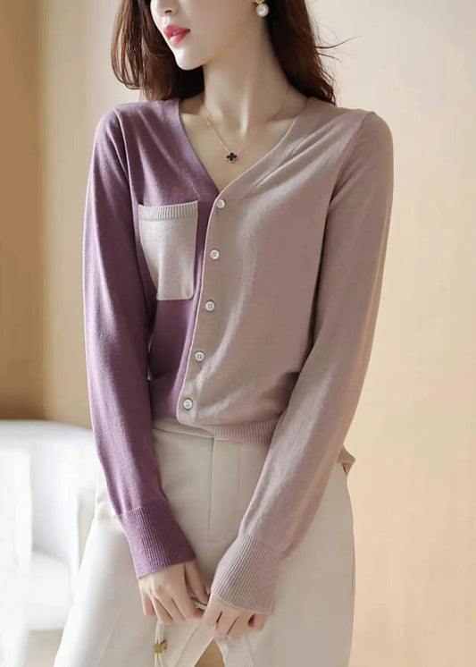 French Colorblock Asymmetrical Button Patchwork Knit Coats Long Sleeve