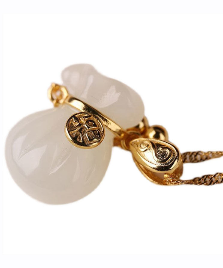 Gold Alloy Inlaid Jade Fu Zi Tassel Lucky Bag Pendant Necklace