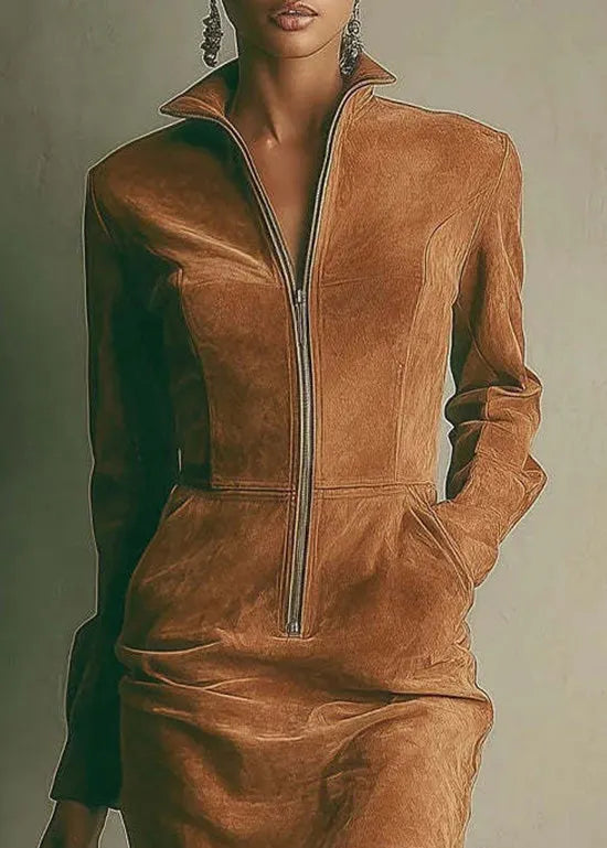New Khaki Stand Collar Zip Up Patchwork Mini Dress Fall