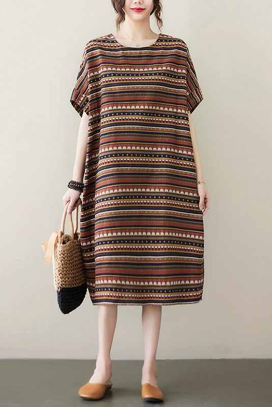 Summer Retro Coffee Striped Dress Cotton Linen Short-sleeved Long Dress