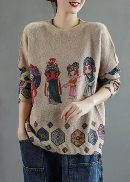 Khaki Retro Print Knitted Sweaters Top