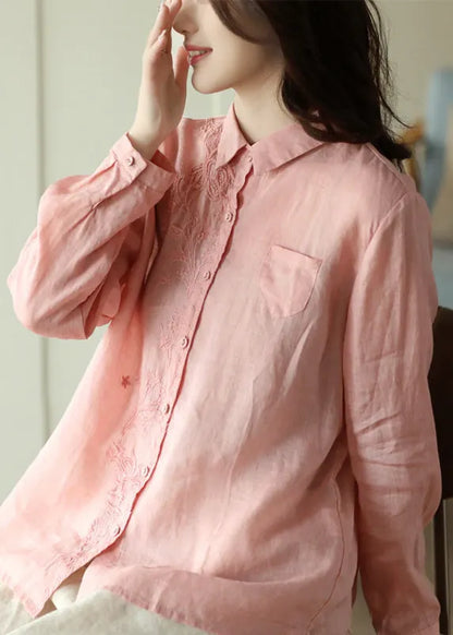 Diy Pink Peter Pan Collar Ramie Shirts Spring