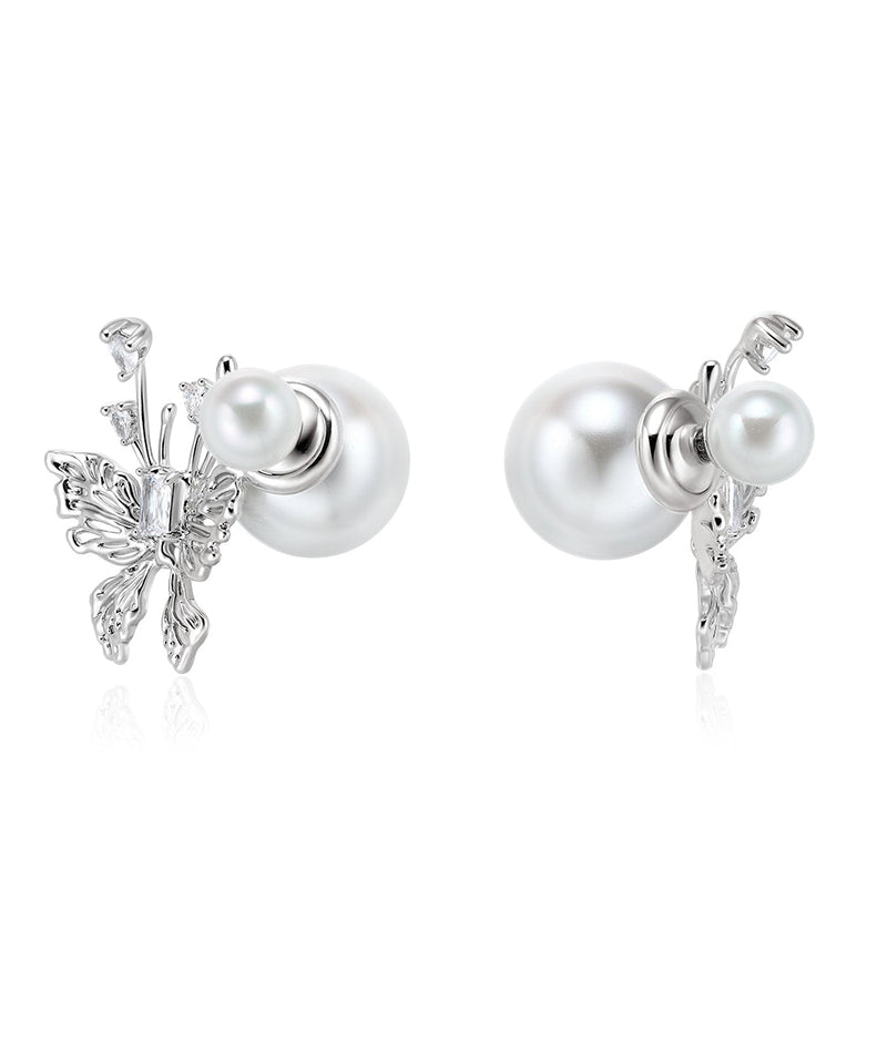 Unique White Sterling Silver Pearl Butterfly Stud Earrings