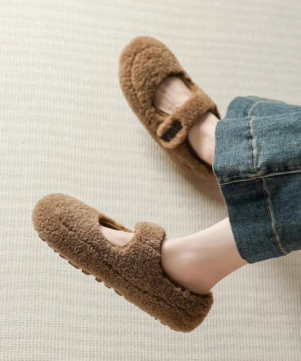 Beige Faux Fur Splicing Flat Shoes Fuzzy Wool Lined