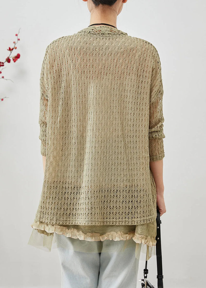Green Ruffled Patchwork Hollow Out Lace Cardigans Fall