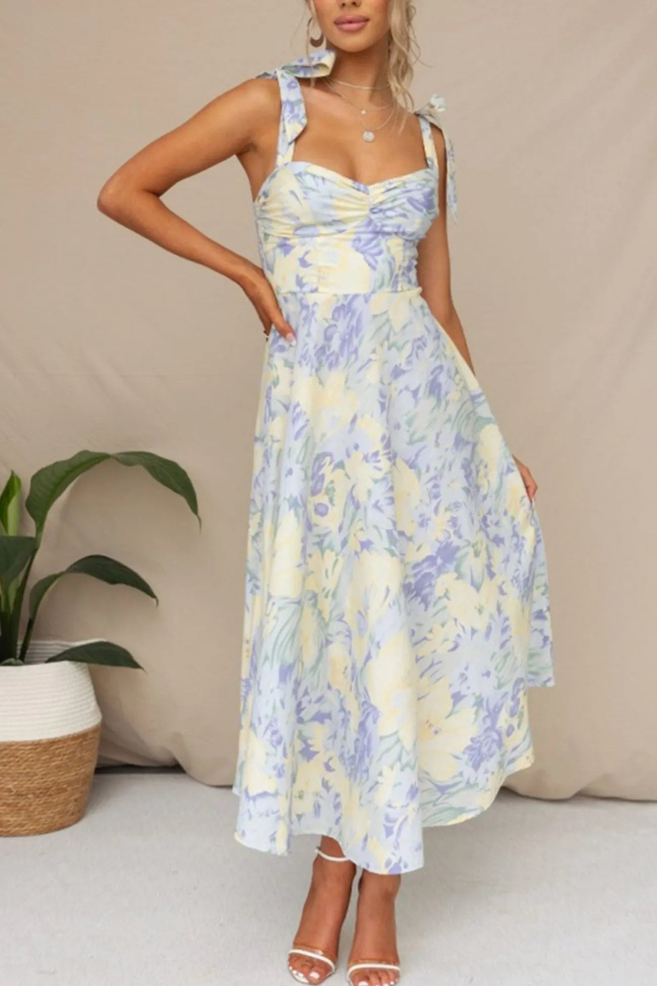 Print Tie-straps Waisted Midi Dress