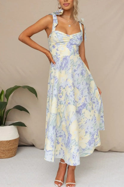 Print Tie-straps Waisted Midi Dress