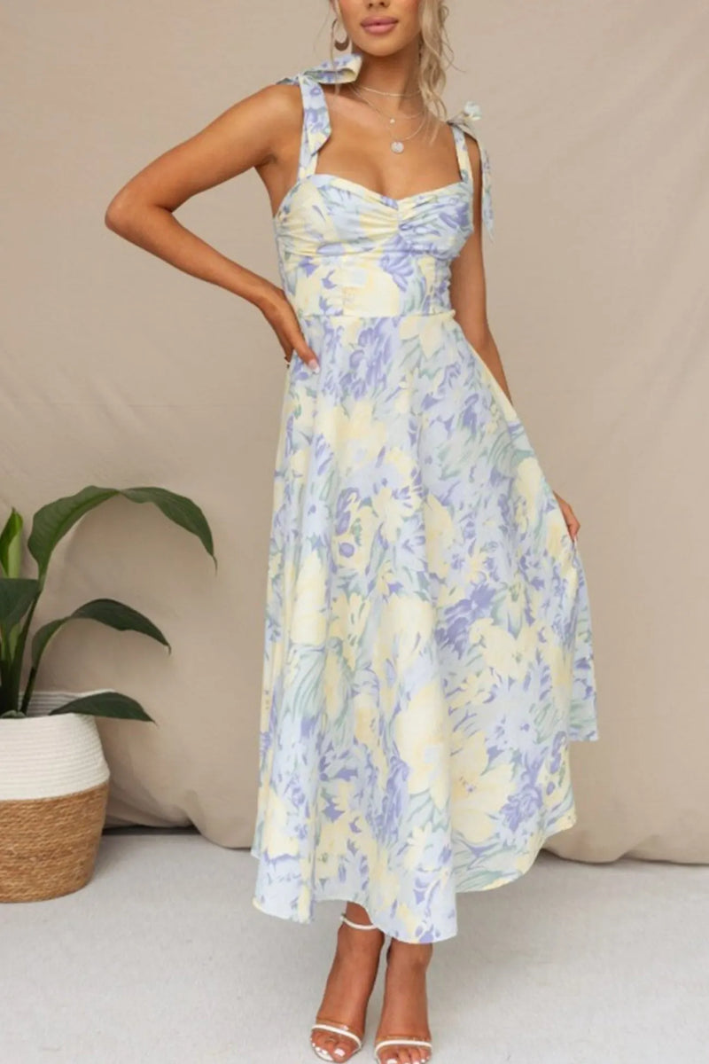 Print Tie-straps Waisted Midi Dress