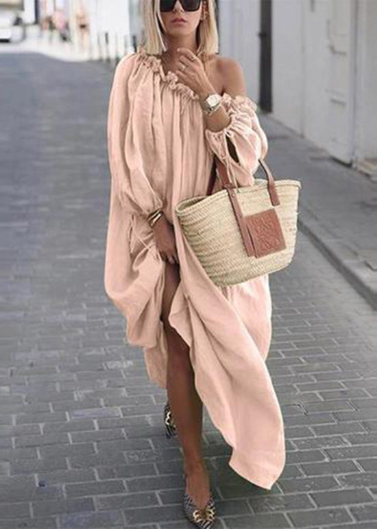 Boutique Khaki Ruffled Cold Shoulder Loose Cotton Long Dresses Spring