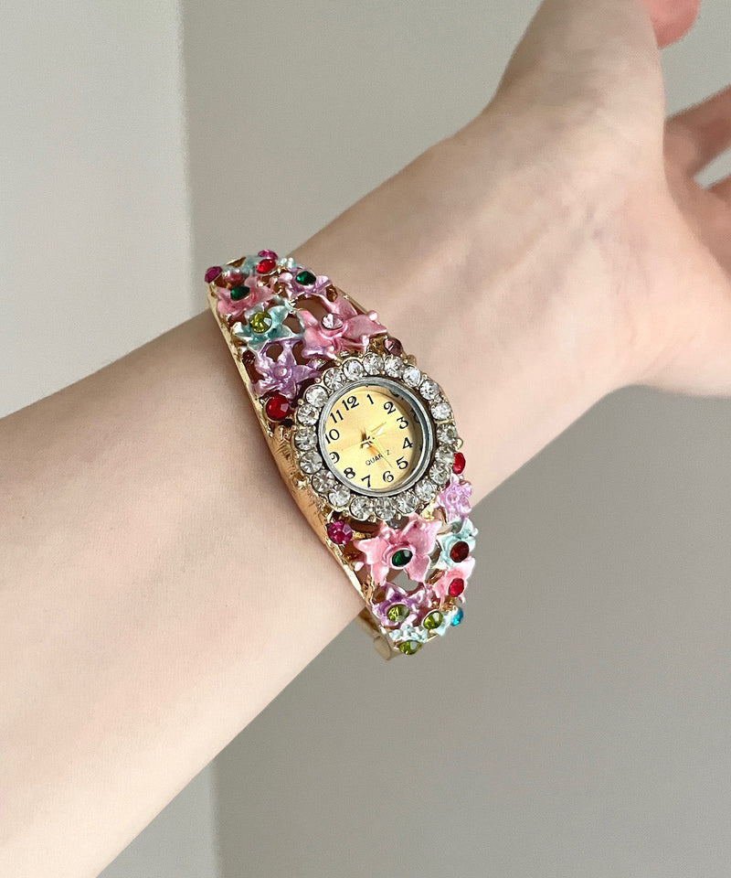 Gold Pink Alloy Zircon Cloisonne Watches