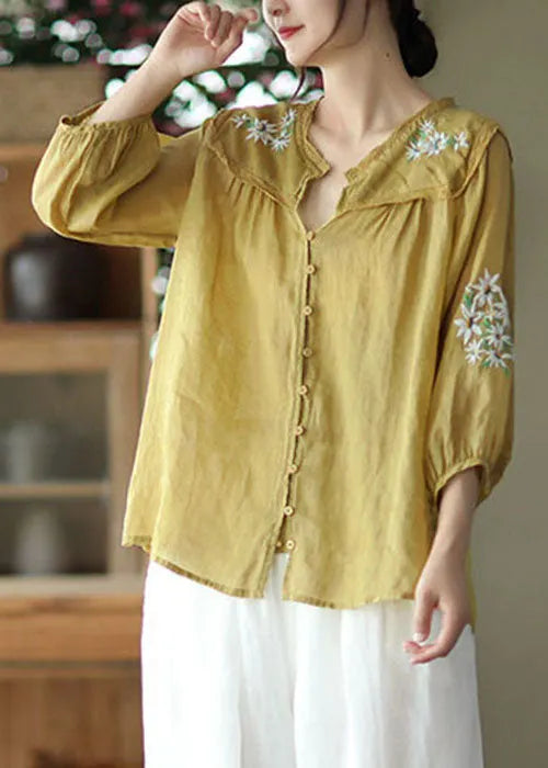 Italian Yellow Embroidered Lace Patchwork Linen Shirt Tops Bracelet Sleeve