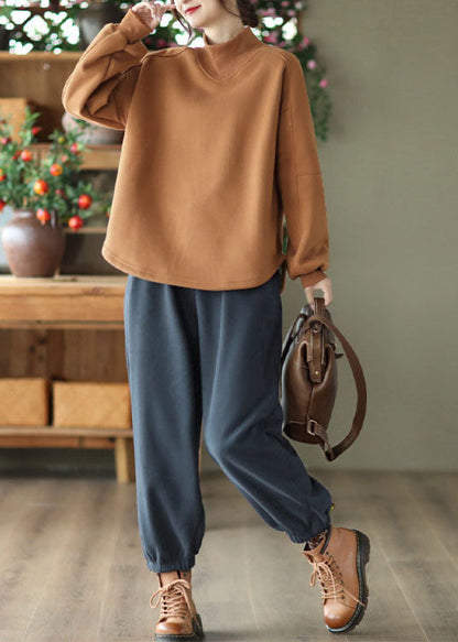 Brown Stand Collar Oversized Warm Fleece Sweatshirt Winter