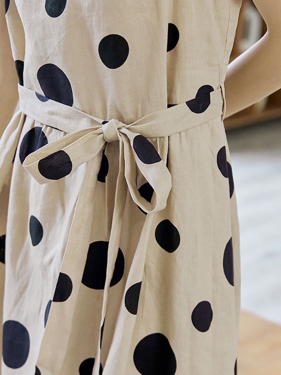 Summer Dot Drawstring Linen Vest Dress