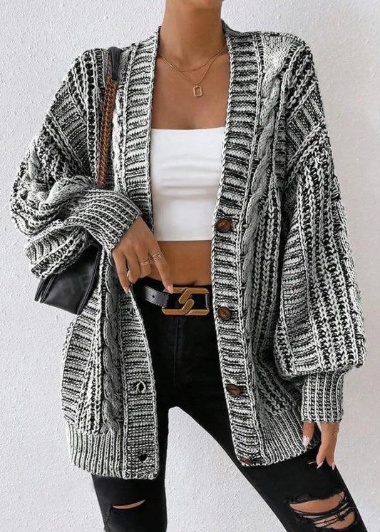 Black V Neck Button Loose Knit Cardigan Fall