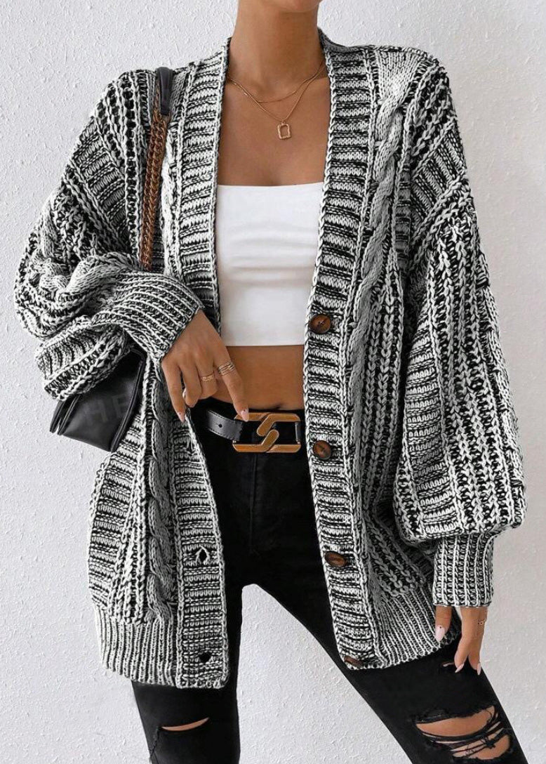 Black V Neck Button Loose Knit Cardigan Fall
