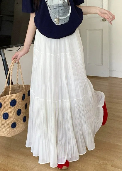White Elastic Waist Chiffon Maxi Skirts Wrinkled