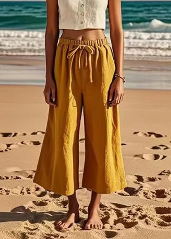 Loose Earth Yellow Tie Waist Wide Leg Pants Summer