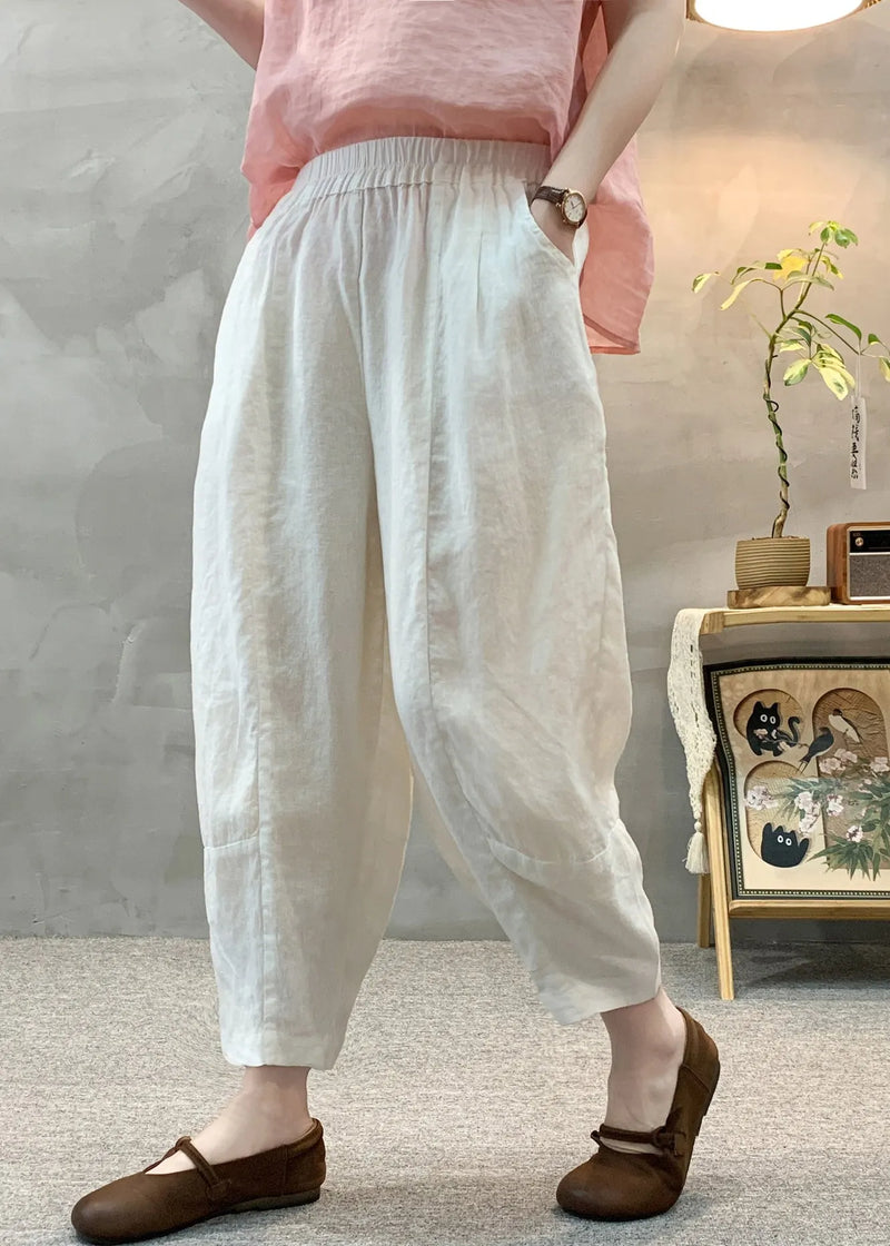 White Elastic Waist Linen Harem Pants Summer