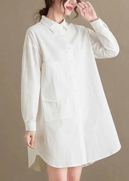 White Peter Pan Collar Pockets Cotton Shirt Top Fall